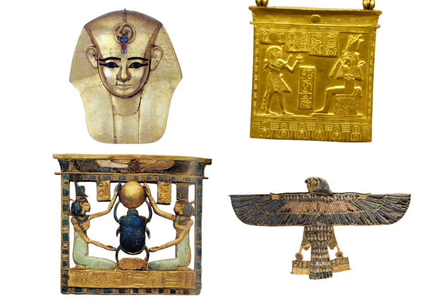 Zlatá maska, dva pektorály a amulet v podobě sokola