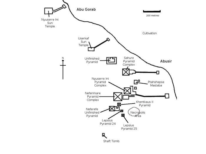 Mapa nekropole v Abúsíru Mapa nekropole v Abúsíru