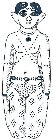 Fajánsová „společnice zemřelého“ z doby okolo 1800 př. n. l., výška 13,3 cm, nalezena v oblasti Théb, Egyptské muzeum v Berlíně, inv. č. 9583, kresba B. Vachala